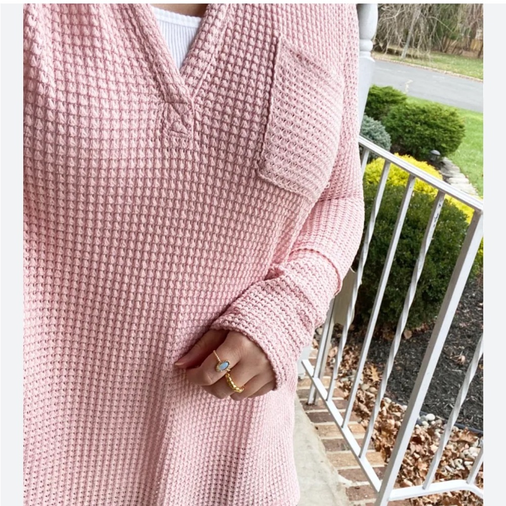 Pink Lily Soft Pink Waffle Split-Neck Sweater